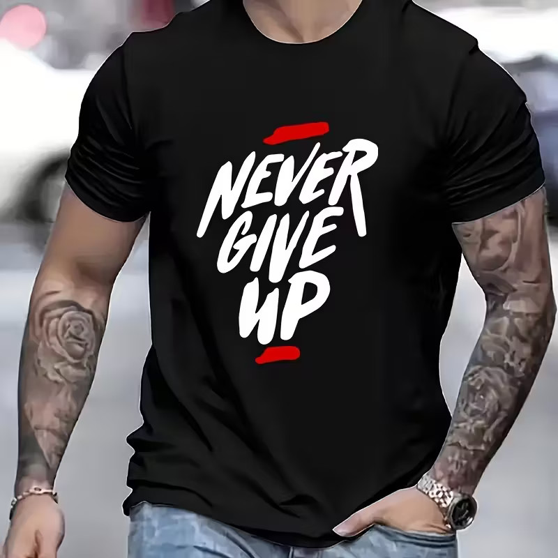 Men’s T-Shirt With Never Give Up Letter Print Casual Crew Neck Motivational Tee