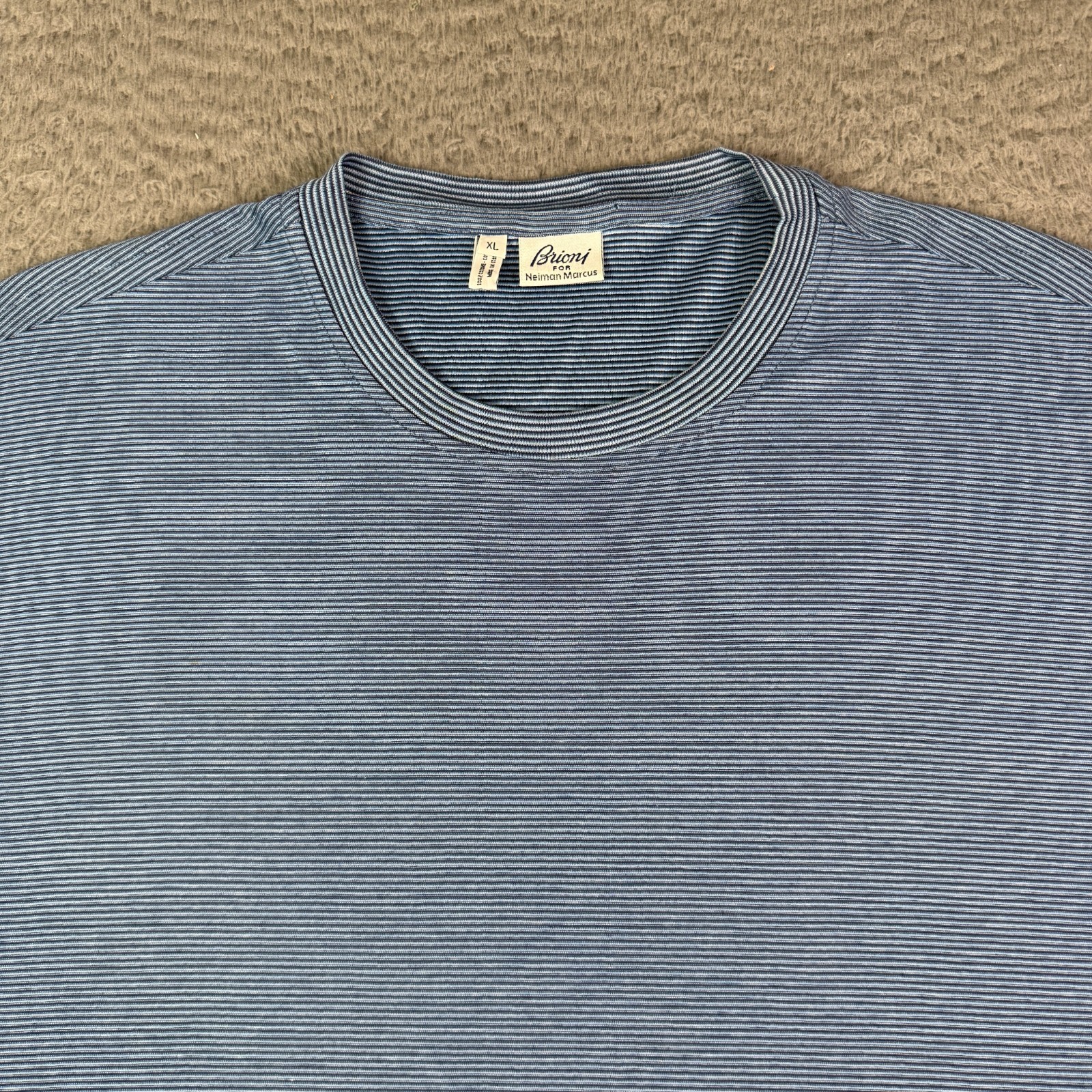 Brioni T-shirt Mens XL Blue Striped 100% Cotton Crew Neck Short Sleeve Italy