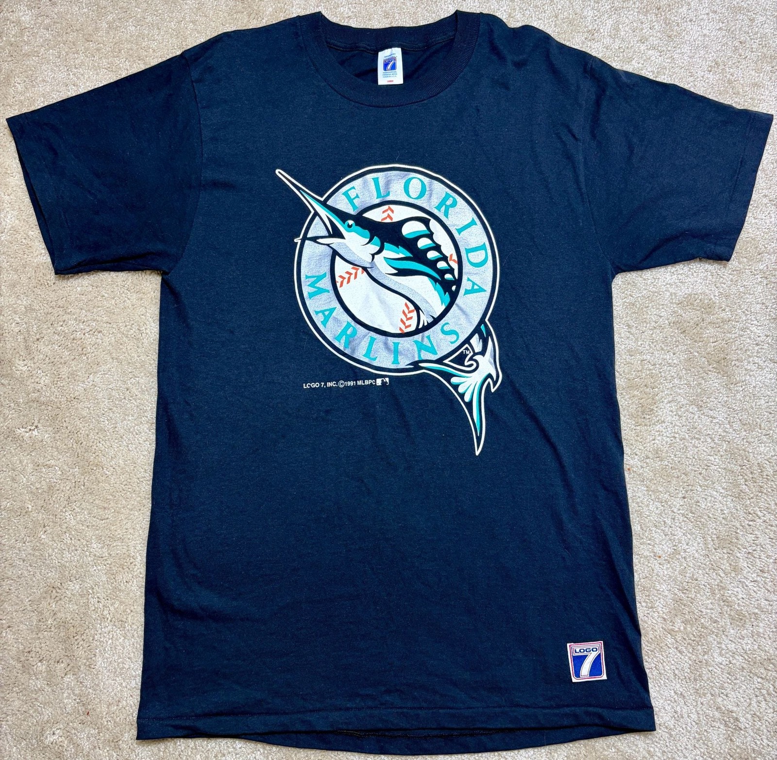 Vintage 1991 Florida Marlins Logo 7 T-Shirt Single Stitch Made in USA