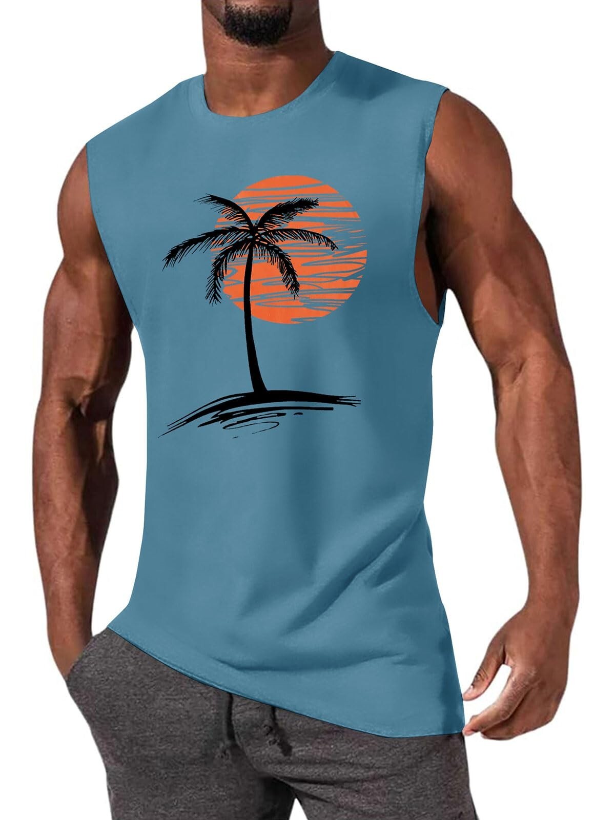 Mens Summer Beach Tank Top Tropical Hawaiian Palm Tree Print Sleeveless Shirts