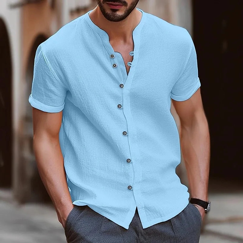 2026 New Men’s Casual Stand Up Collar Summer Solid Color Short Sleeve Cotton-Lin