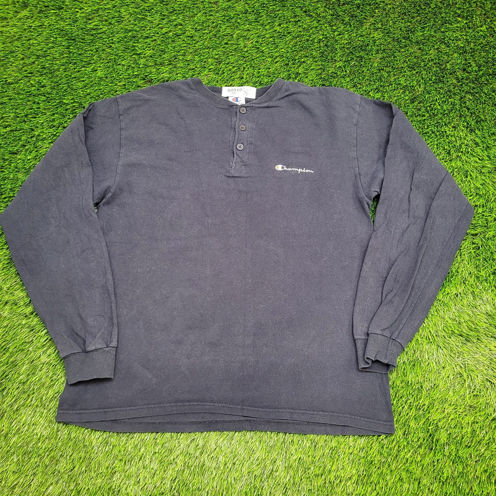 Vintage Champion Henley Shirt Large 23×28 Script Baggy USA
