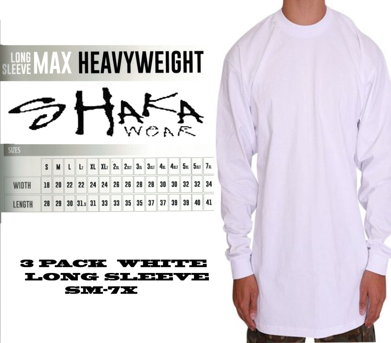 3 PACK Shaka Wear Mens Max Heavyweight Long Sleeve T-shirt White Basic Plain