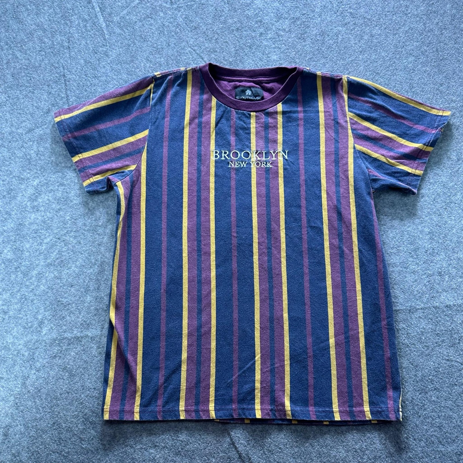 SHOUTHOUSE Shirt Mens XL Blue Striped BROOKLYN NEW YORK Embroidered Crewneck