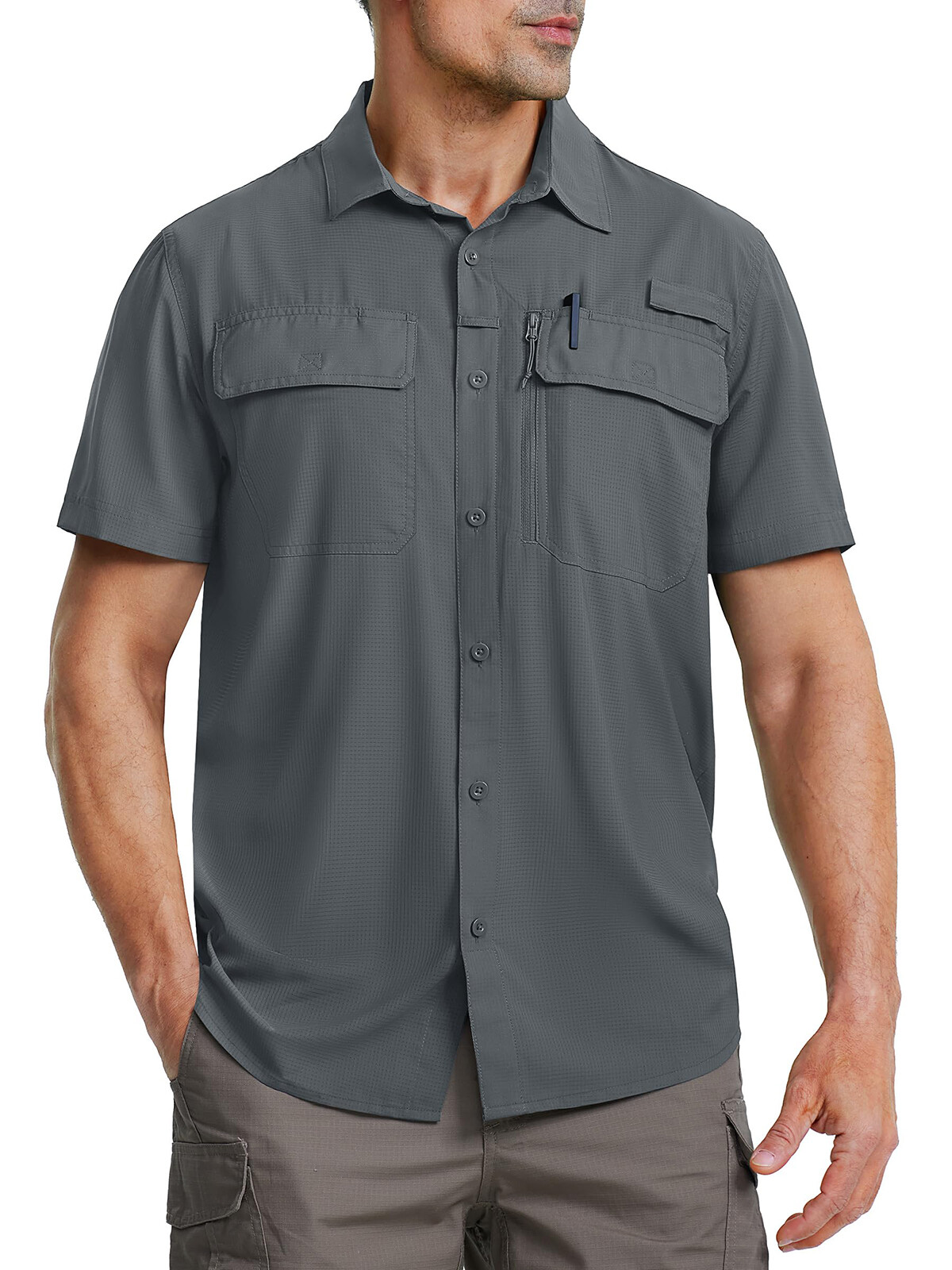 Mens Fishing Shirt Cool Hiking Button Up Quick Dry Short Sleeve UPF50+ Sun Shirt