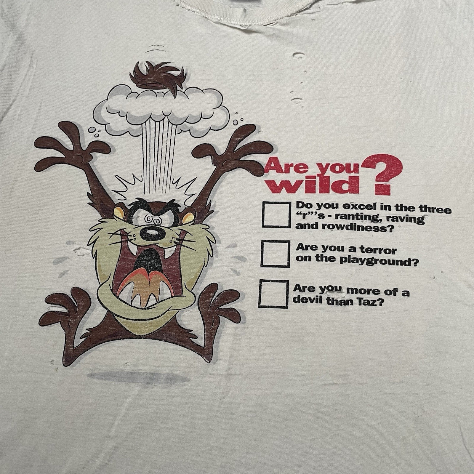 Vintage 90s Taz Looney Tunes Distressed Worn Faded Cut Off White Shirt Adult 2XL