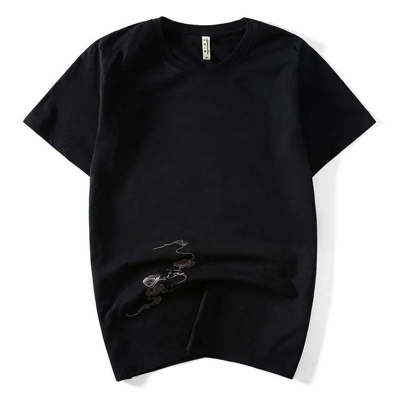 Men Embroidered Mythical Beast T-Shirt Sukajan Cotton Short Sleeve Hip Hop Tee