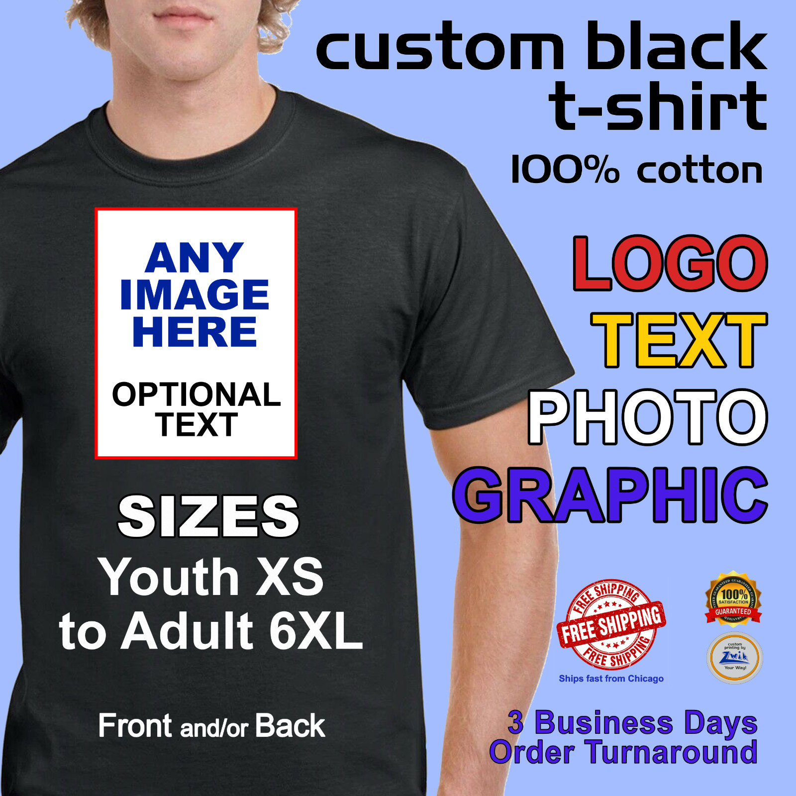 Zwik CUSTOM T-SHIRT Black, Logo Photo Text, Youth XS-XL / Adult S-6XL, Free Ship