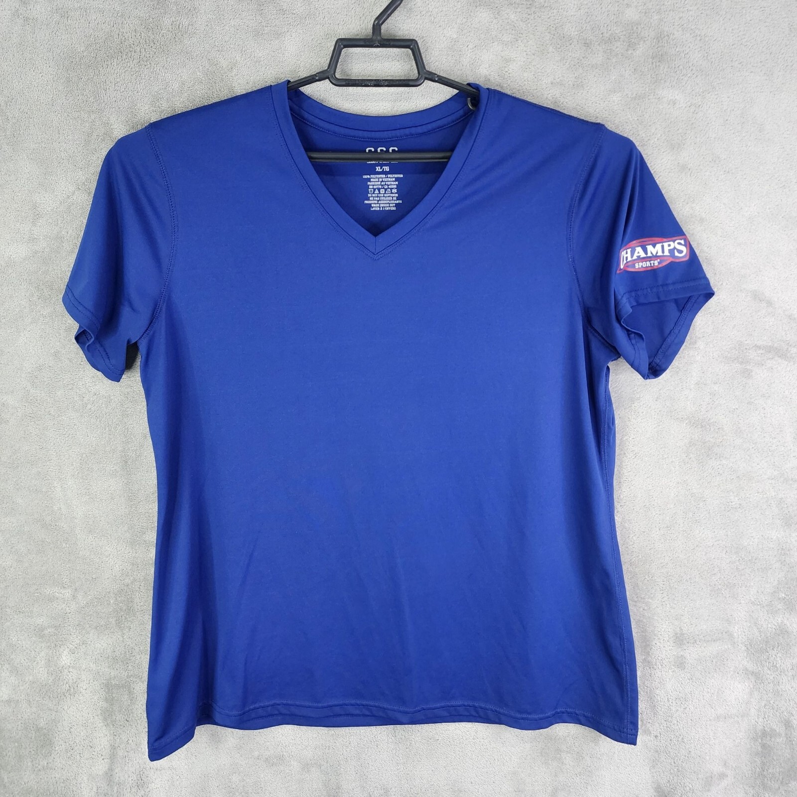 Mens Blue CSG Champs Sports Gear Shirt V-Neck 100% Polyester Short Sleeve XL