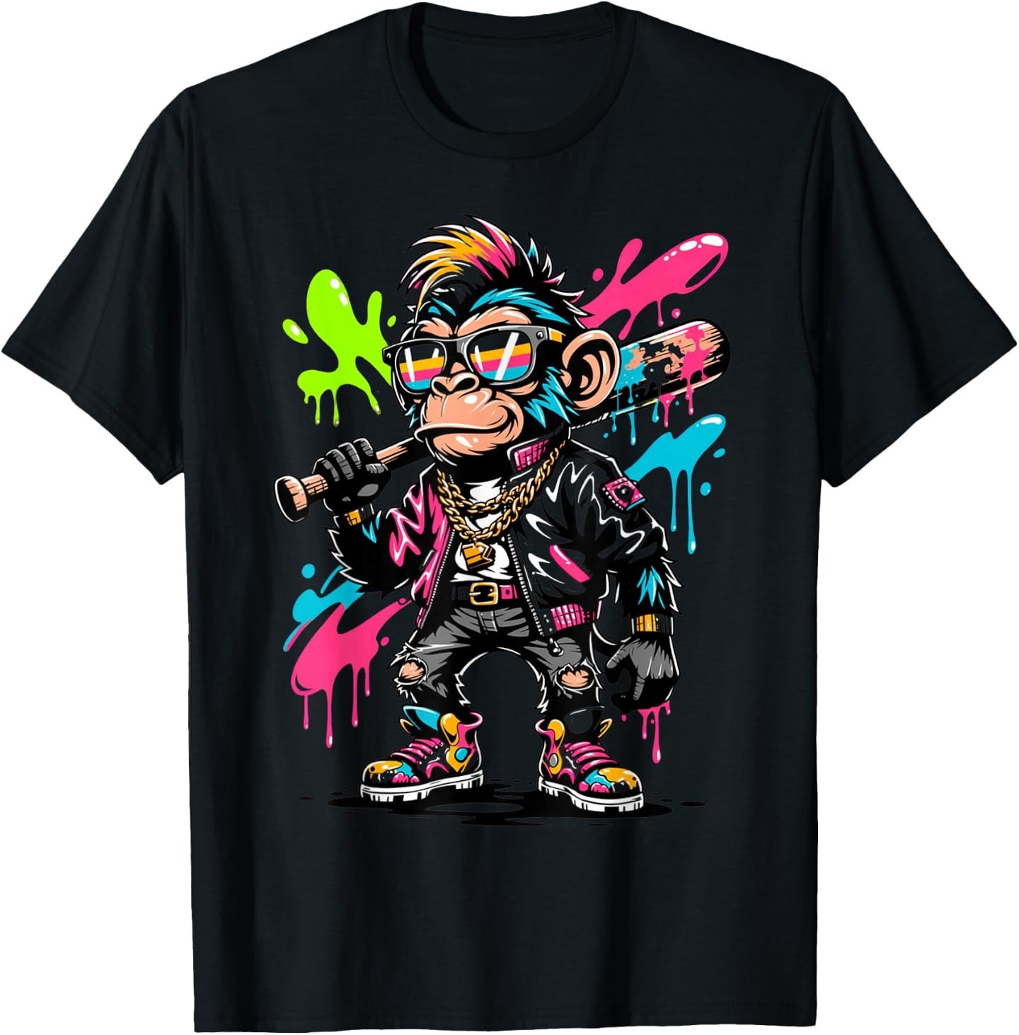 Monkey Baseball Drip Funny Animal Party Sport Street Art T-Shirt