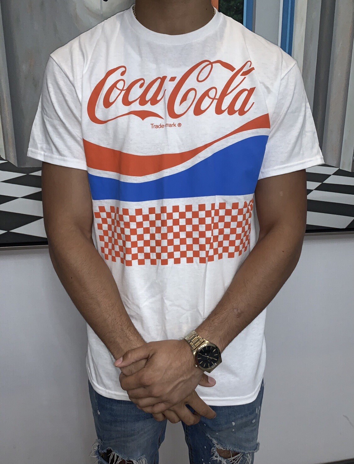 Coca Cola Shirt Medium Mens Logo Trade-mark Short Sleeve White Red Blue Tee New