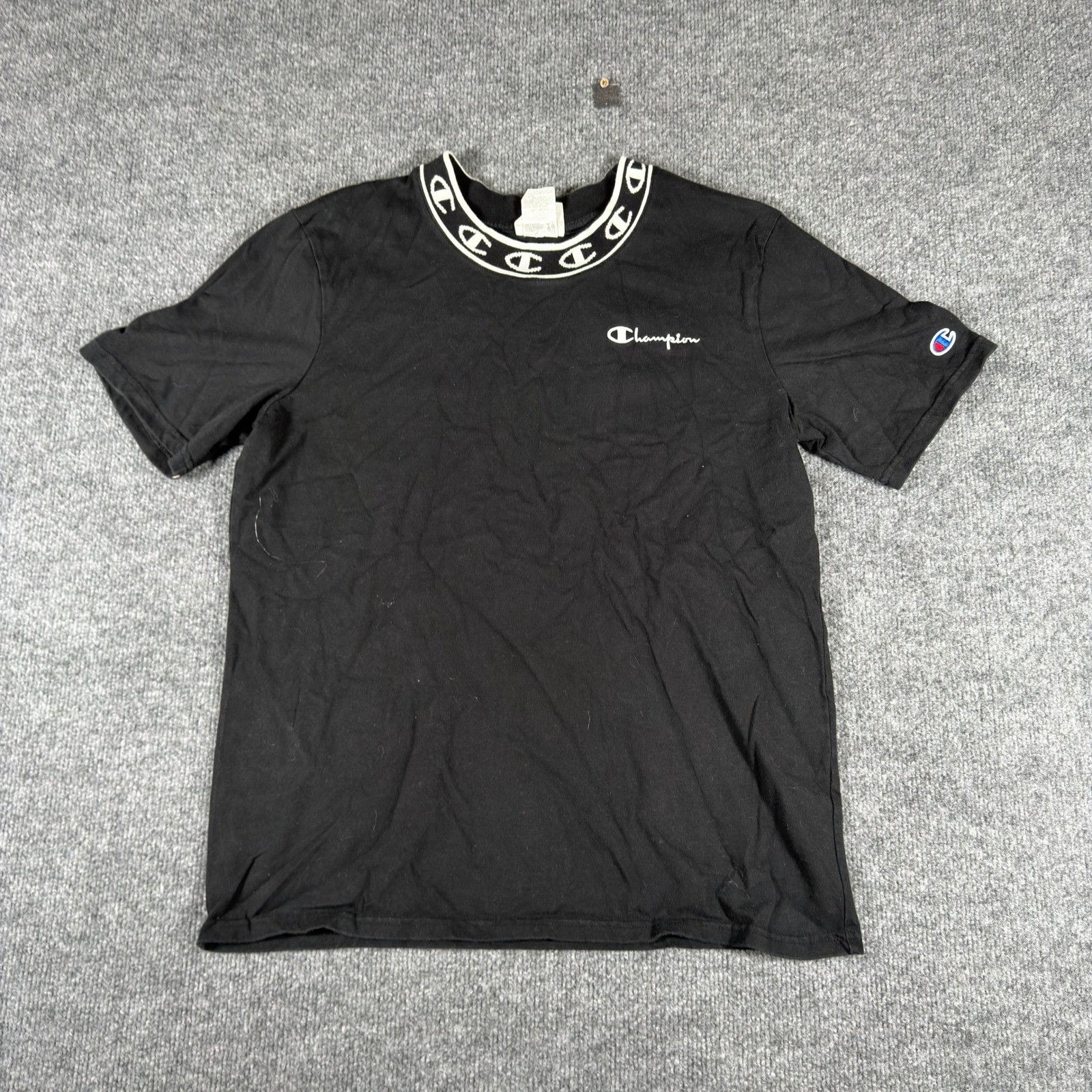 Champion T-Shirt Mens Size Medium Black Logo Branded Crew Neck Cotton Sportswear