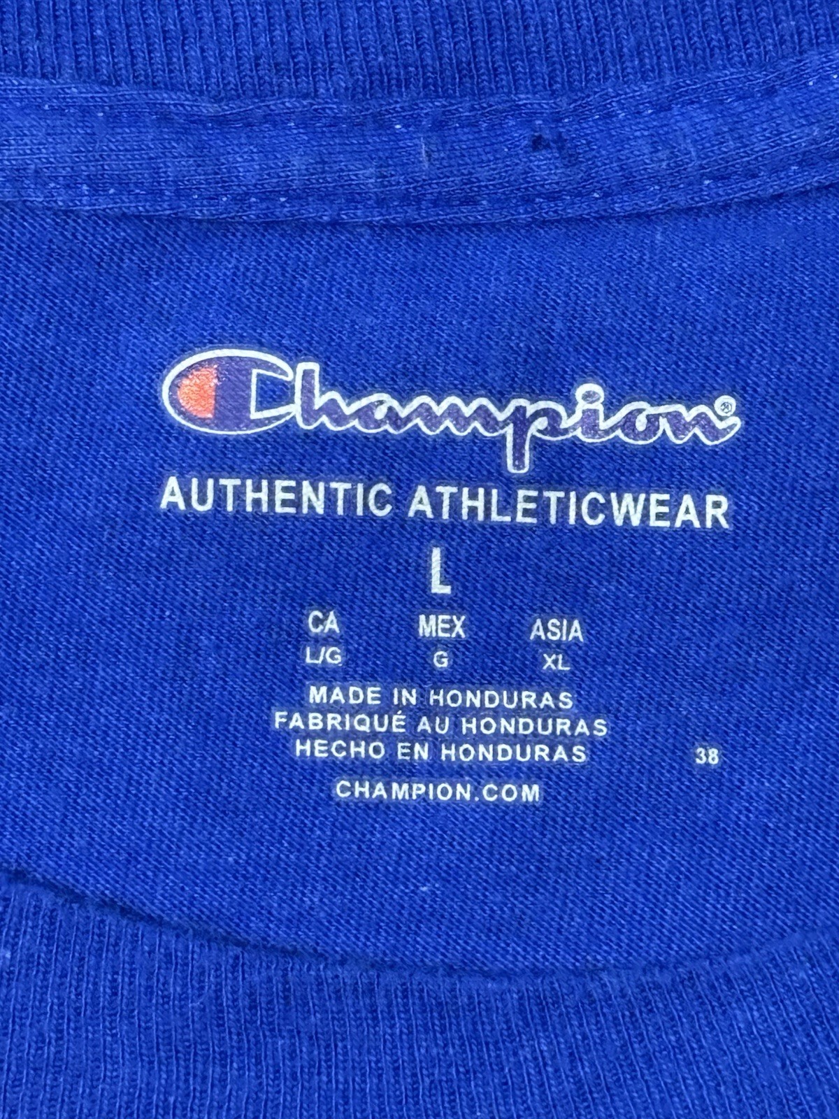 Champion Authentic Men’s Large Blue Spell out T-shirt Embroidered Logo