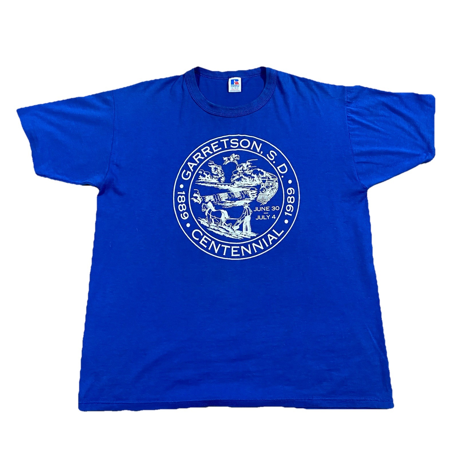 VTG 1989 Garretson SD Centennial T-Shirt XL Russell Athletic USA Blue