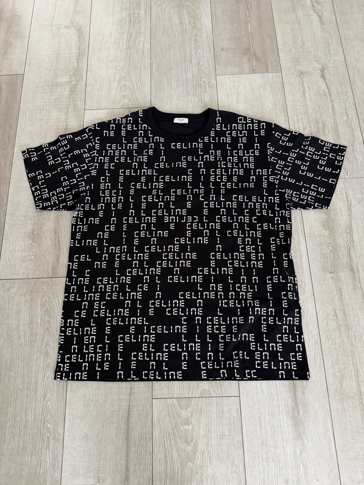 Men L New Celine All Over Digital Print Black Crewneck T Shirt Authentic
