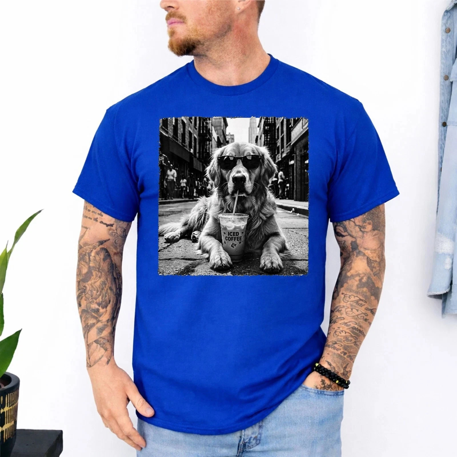 Golden Retriever Drinking Iced Milk Coffee Dog Lover Art Humor Unisex T-Shirt