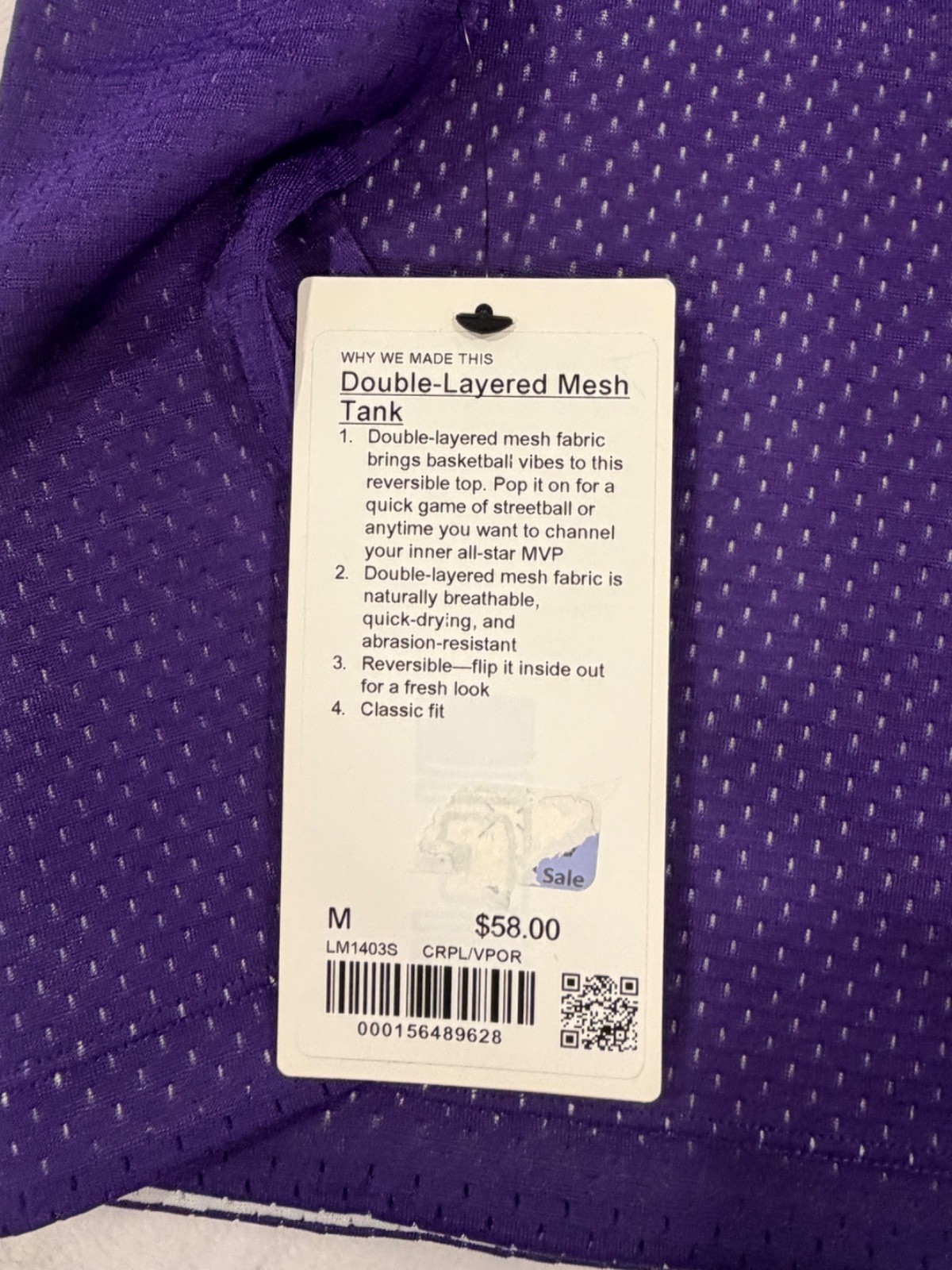 Lululemon Double Layered Mesh Reversible Tank Purple/White Men’s Medium NWT