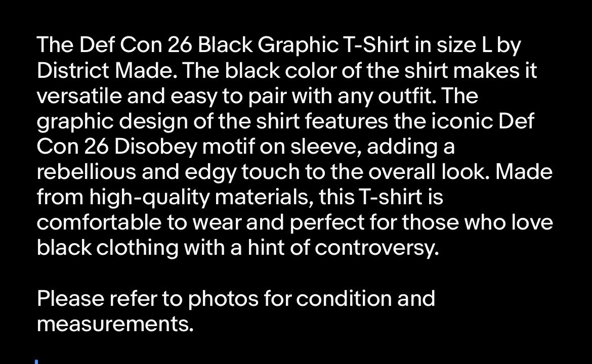 Def Con 26 Black Graphic T Shirt Disobey Size L