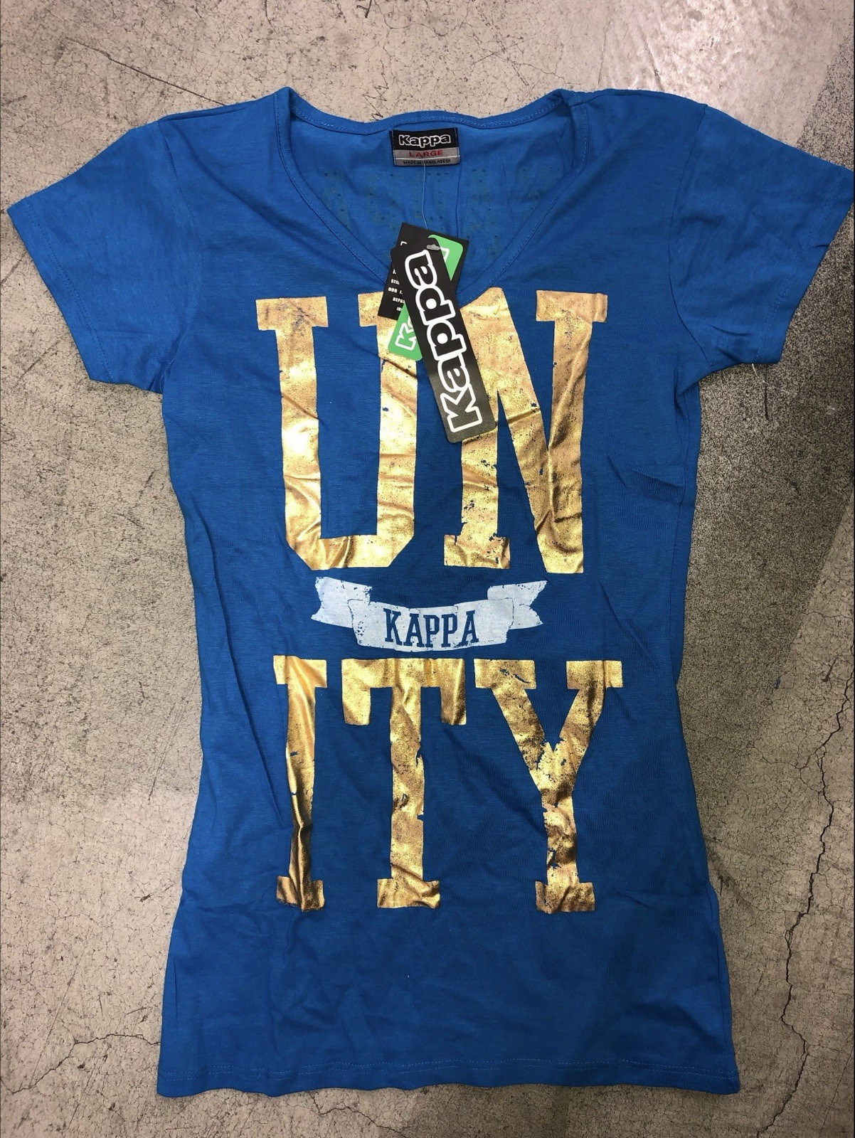Authentic KAPPA Real Swarovski Crystal UNITY Italian Blue Gold Foil T Shirt L