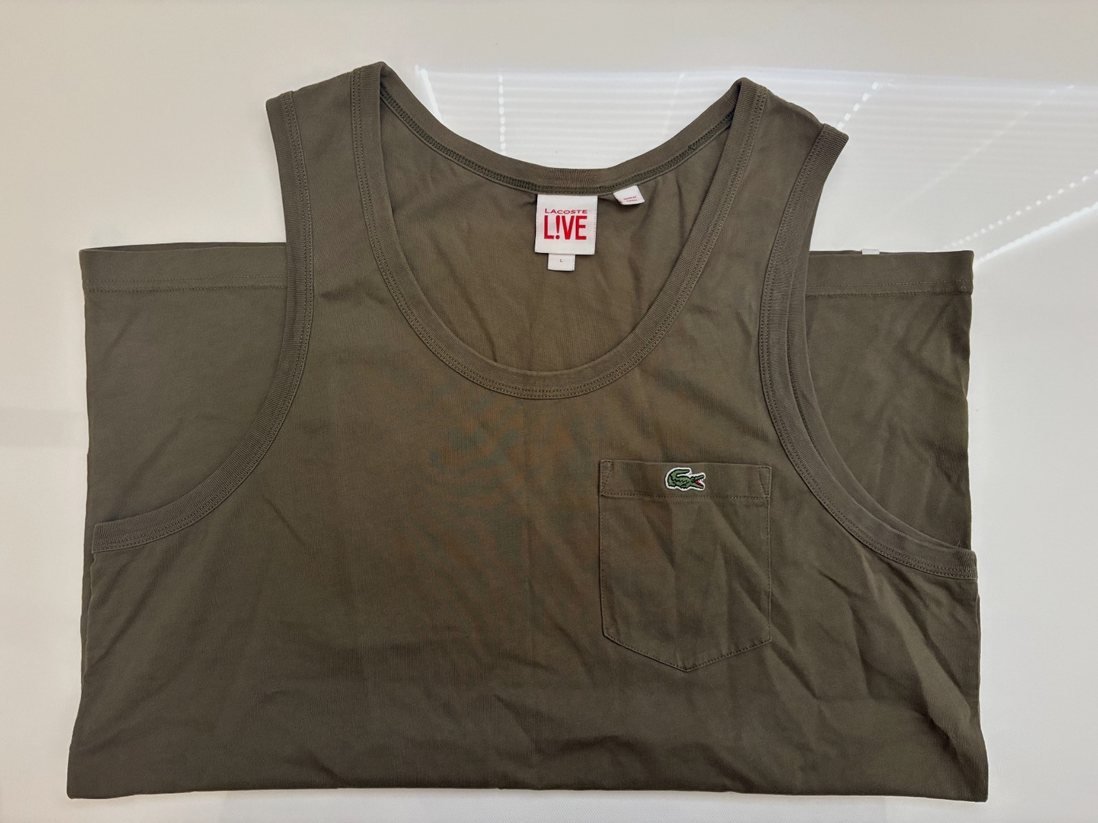 Lacoste LIVE Men’s Tank Top Olive Green Chest Pocket Croc Logo Size L Cotton