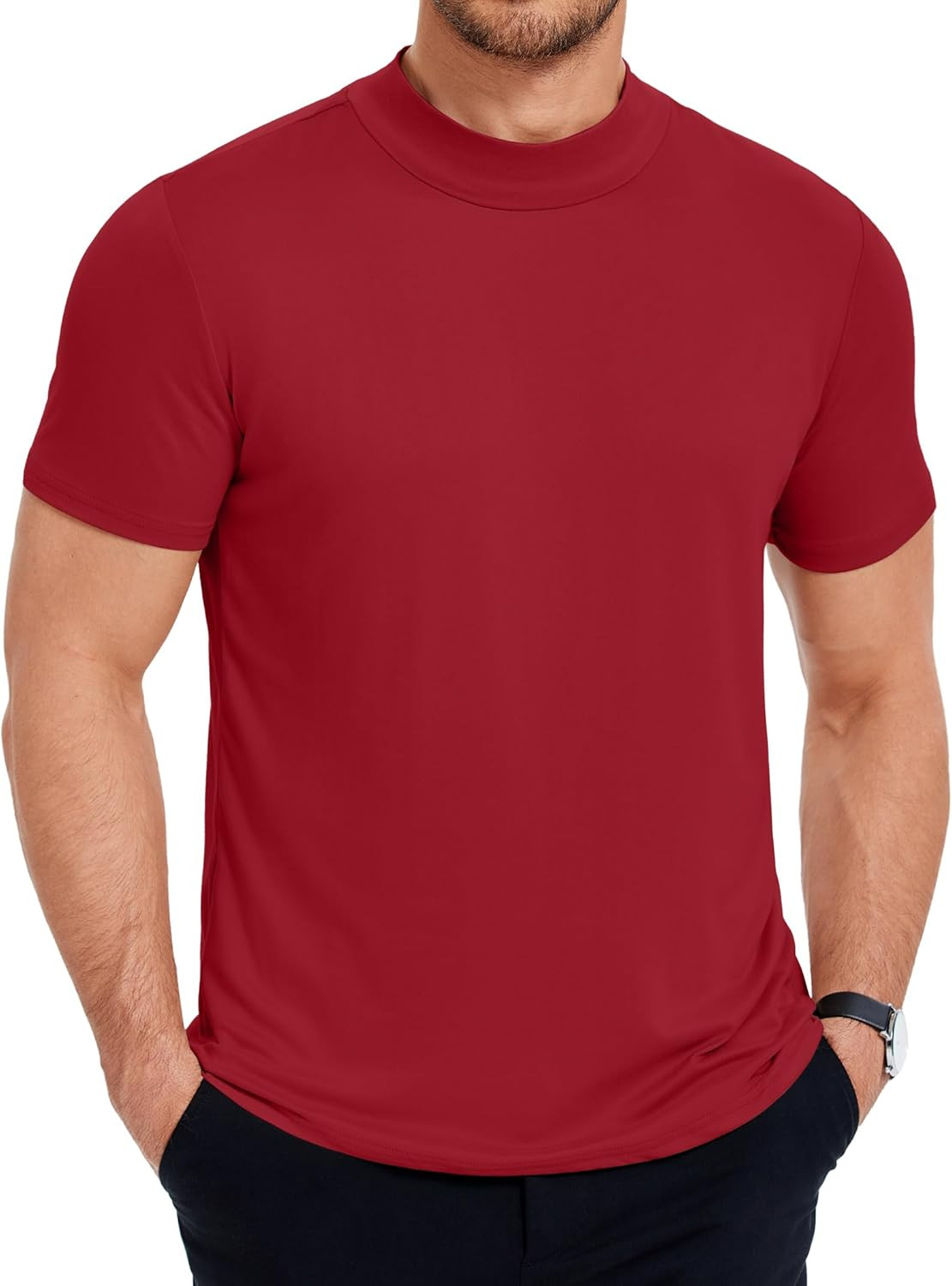 Men’S Mock Neck T Shirt Short Sleeve Slim Fit Basic Casual T-Shirts Solid Color