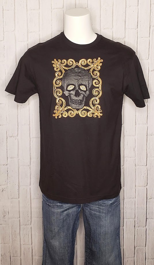 VTG 1990s 90s Y2K Edward Dada Black Leather Applique Skull Embellished Tee Shirt