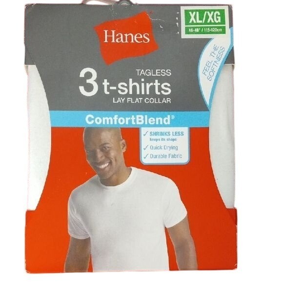 Hanes Size XL T-Shirts 3-Pack Comfort Blend Tagless Lay Flat Collar White NEW