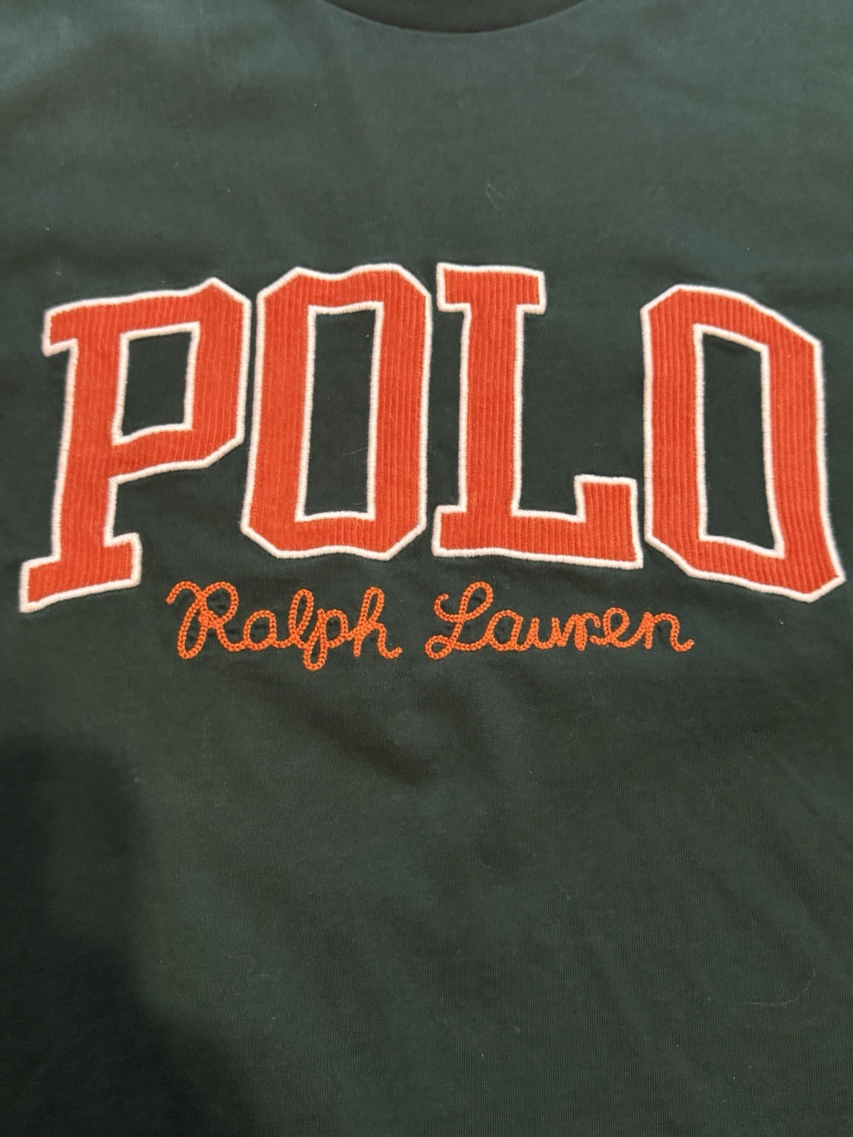 Polo Ralph Lauren Chenille Big Logo Spell Out T Shirt Green Classic Fit Mens M