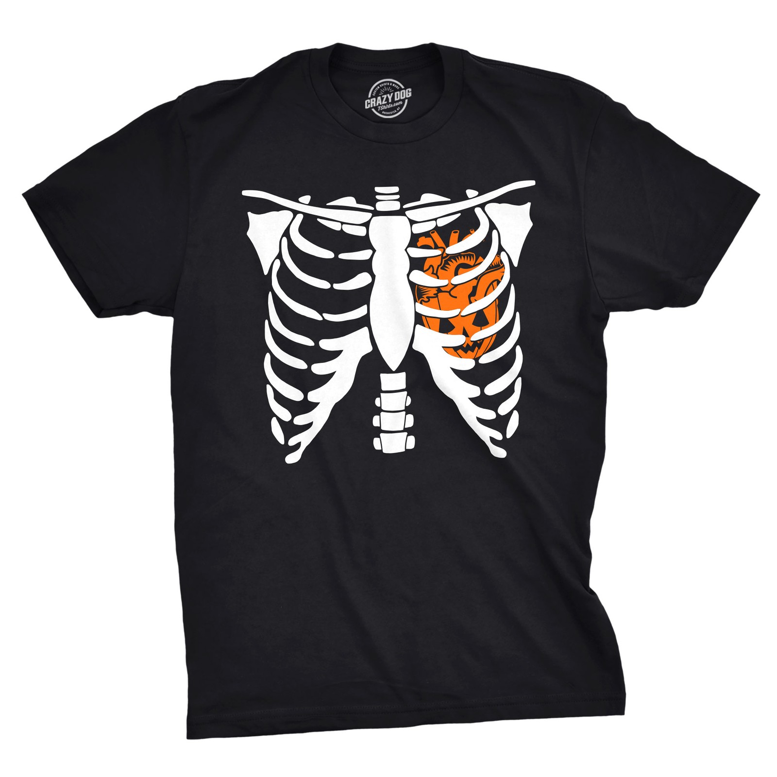 Mens Pumpkin Heart Skeleton Rib Cage Tee Funny Halloween Jack-O-Lantern Tee