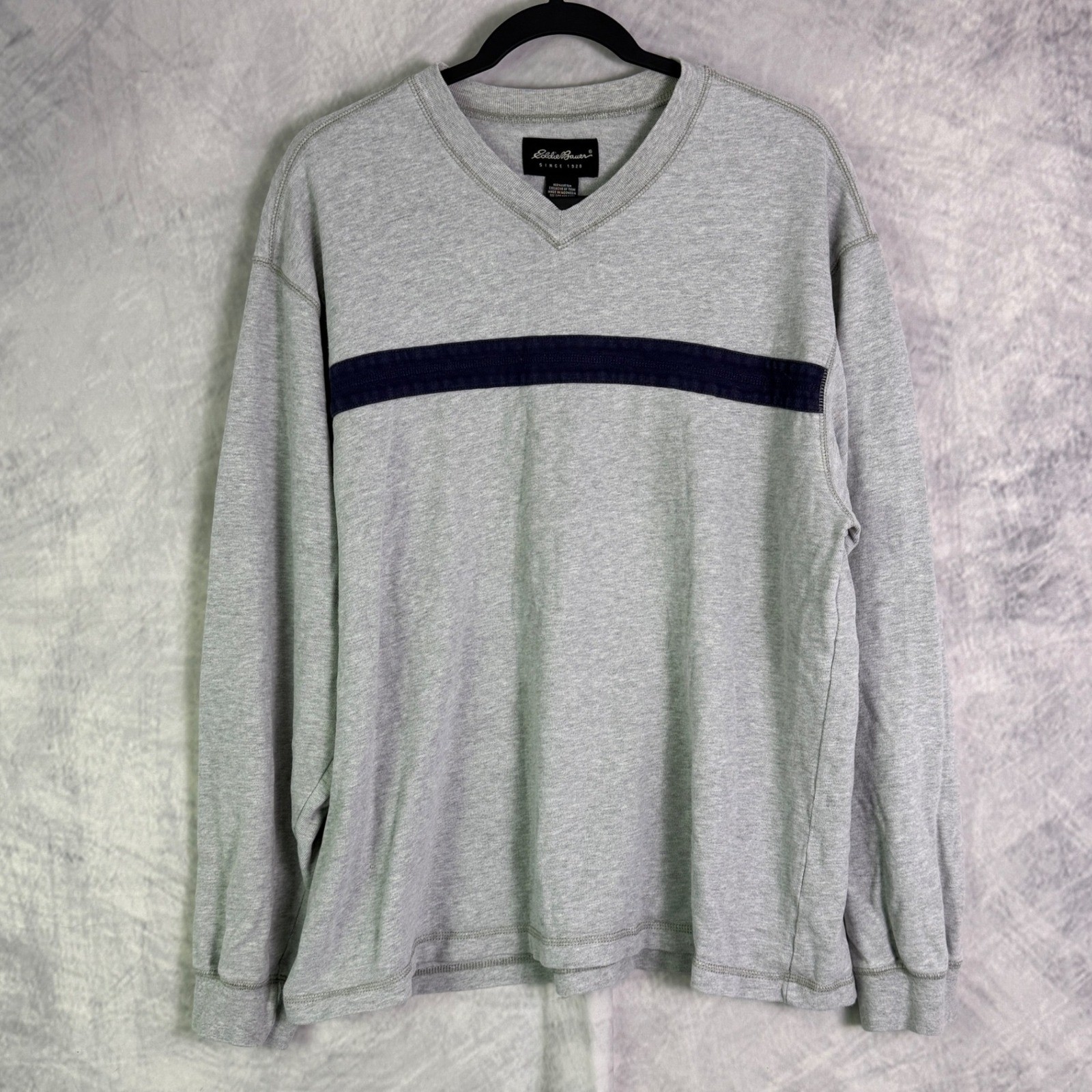 VTG Y2K 90s Eddie Bauer Mens Long Sleeve V Neck Shirt Sz L Striped preppy sporty