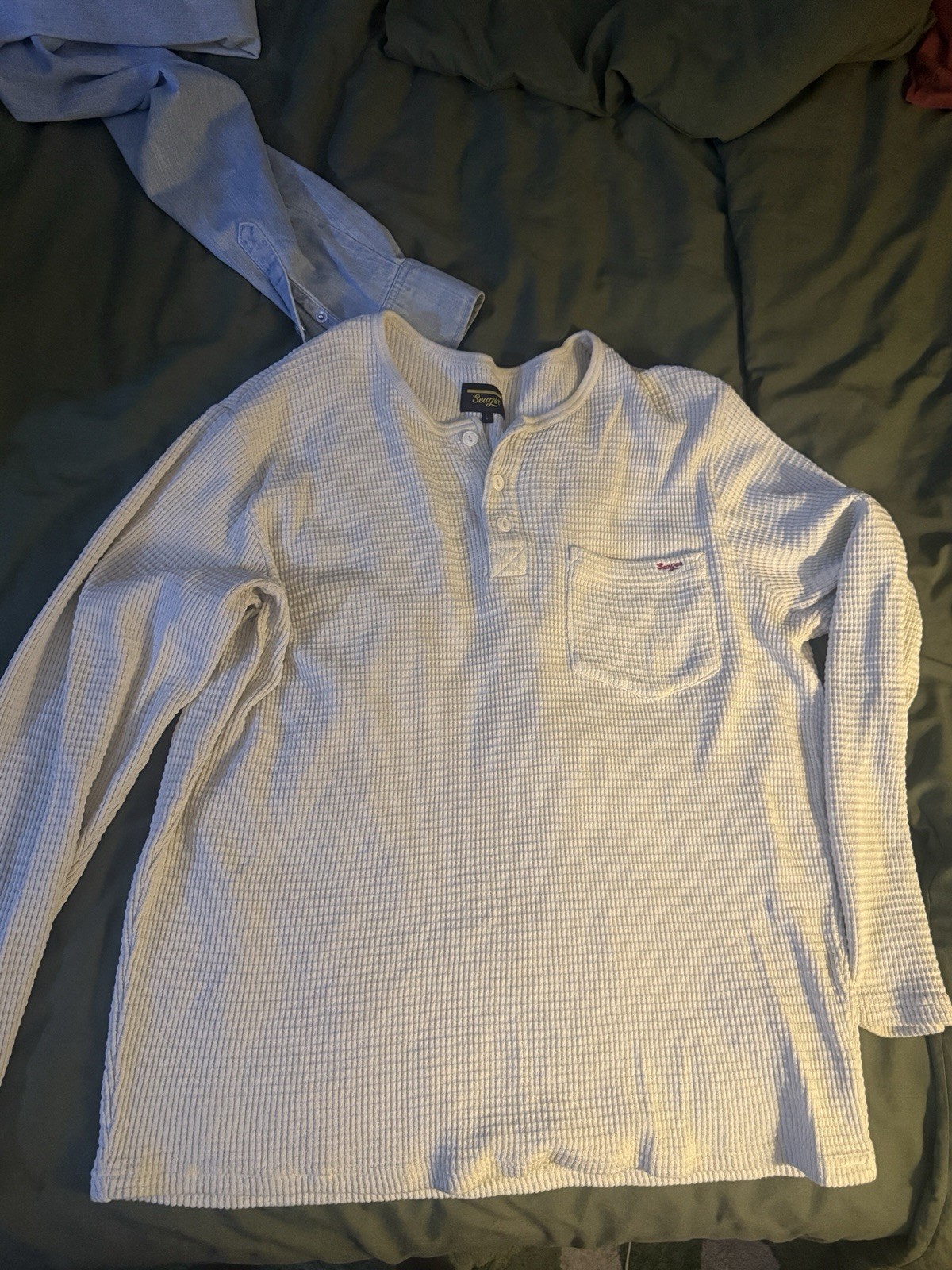 Seager Shirt Mens L Cream White Waffle Knit Thermal Henley Pocket Long Sleeve