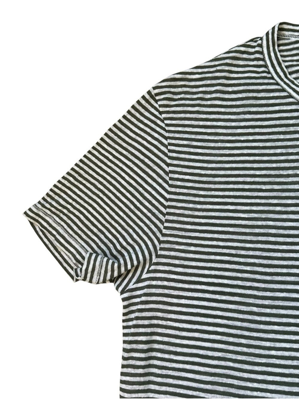Men’s Todd Snyder Olive Green & White Striped 100% Linen Short Sleeve Tee Large