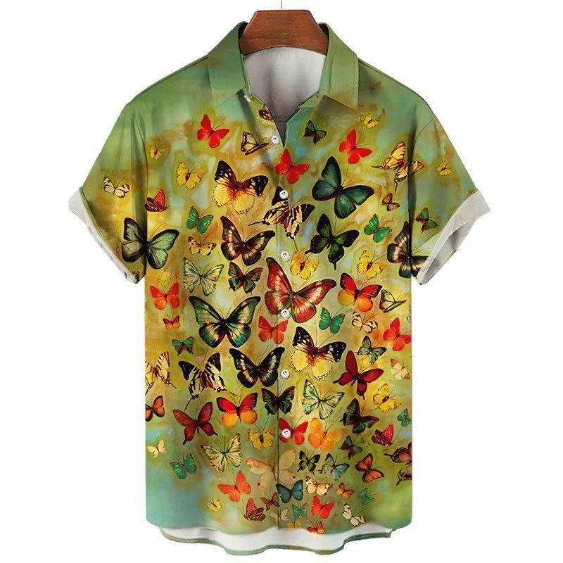 Mens Button Down Abstract Butterfly Colorful Hawaiian Top Novelty Summer Shirt