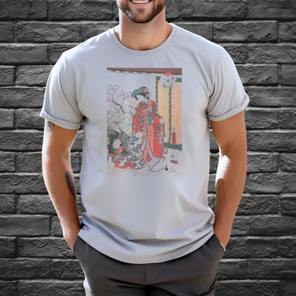 Geisha Kimono Artwork Shirt Japanese Floral Print Graphic Tshirt Gray