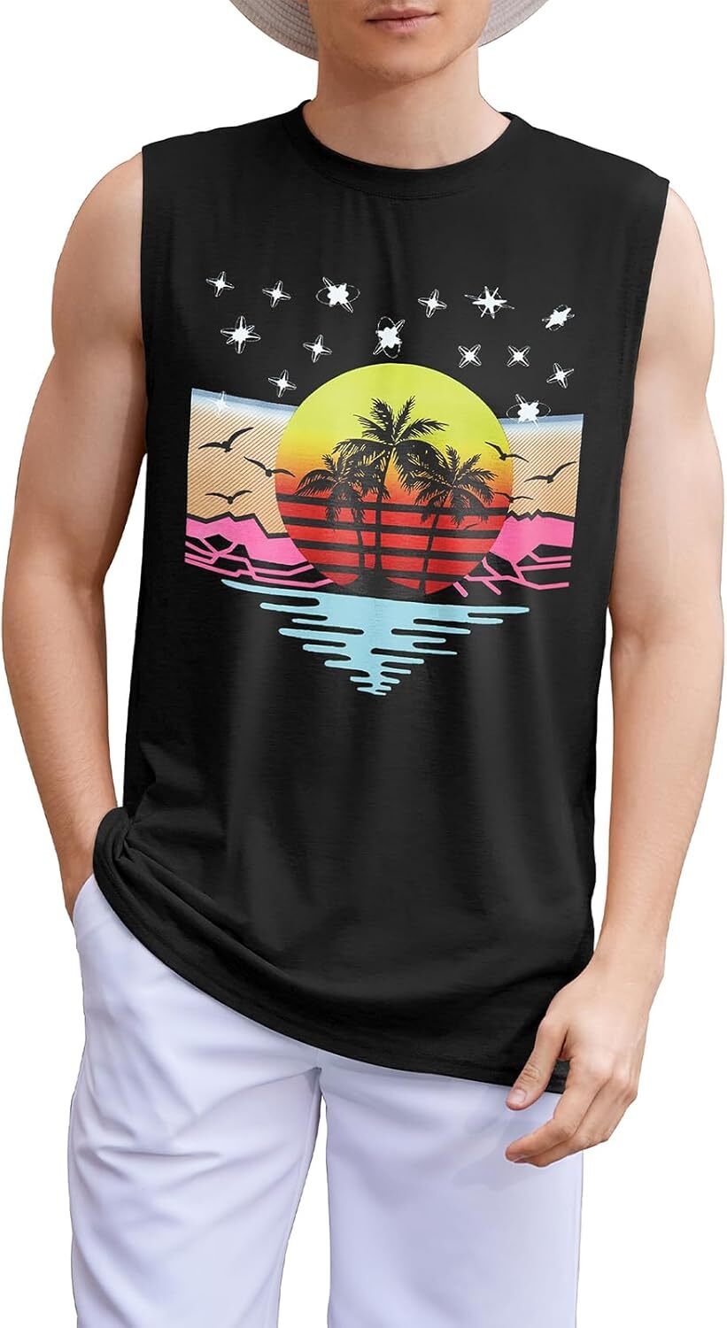 Mens Sleeveless Tank Top Summer Beach Graphic Muscle Tee Shirt Casual Hawaiian