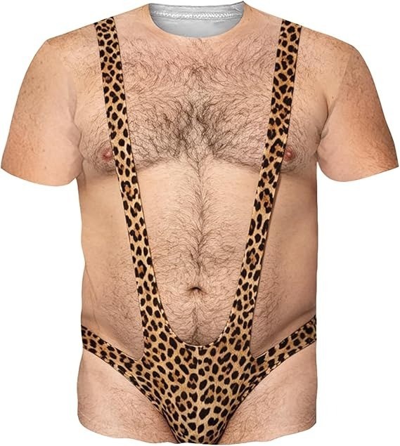 Funny 3D Borat Mankini T Shirt Men Leopard Print Hairy Chest Graphic Tee Gag