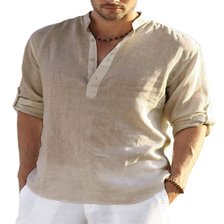 Mens Cotton Linen Long Sleeve Shirt Solid Loose Blouse Button Down Tops T Shirt