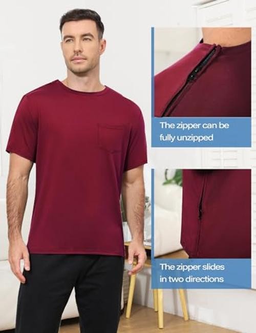 Two-Way Zipper Shoulder Surgery Shirt for Men, 95% Cotton Post Large Wine Red