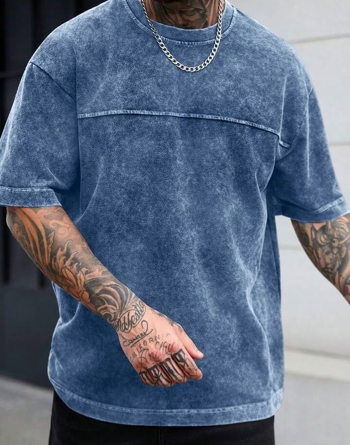 Men’s Acid Wash Blue T-Shirt Oversized Crew Neck Casual Streetwear Tee