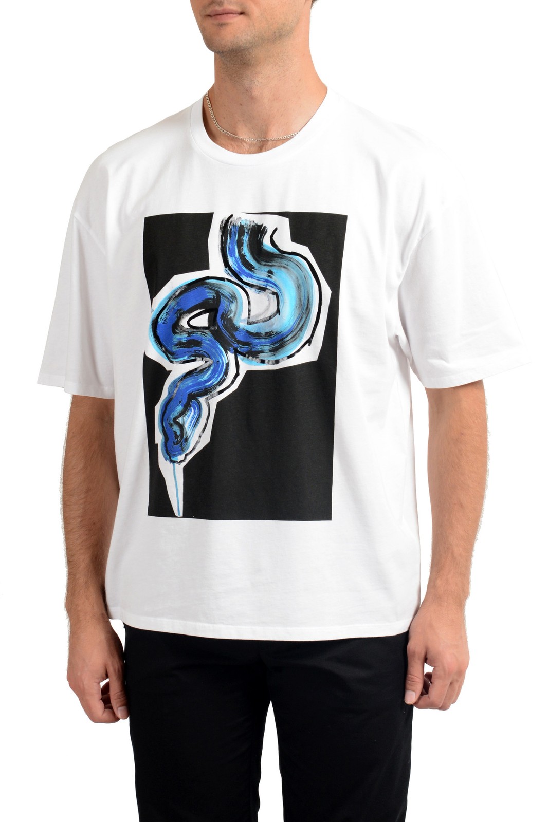 Just Cavalli Men’s White Graphic Print Crewneck T-Shirt US 2XL IT 56