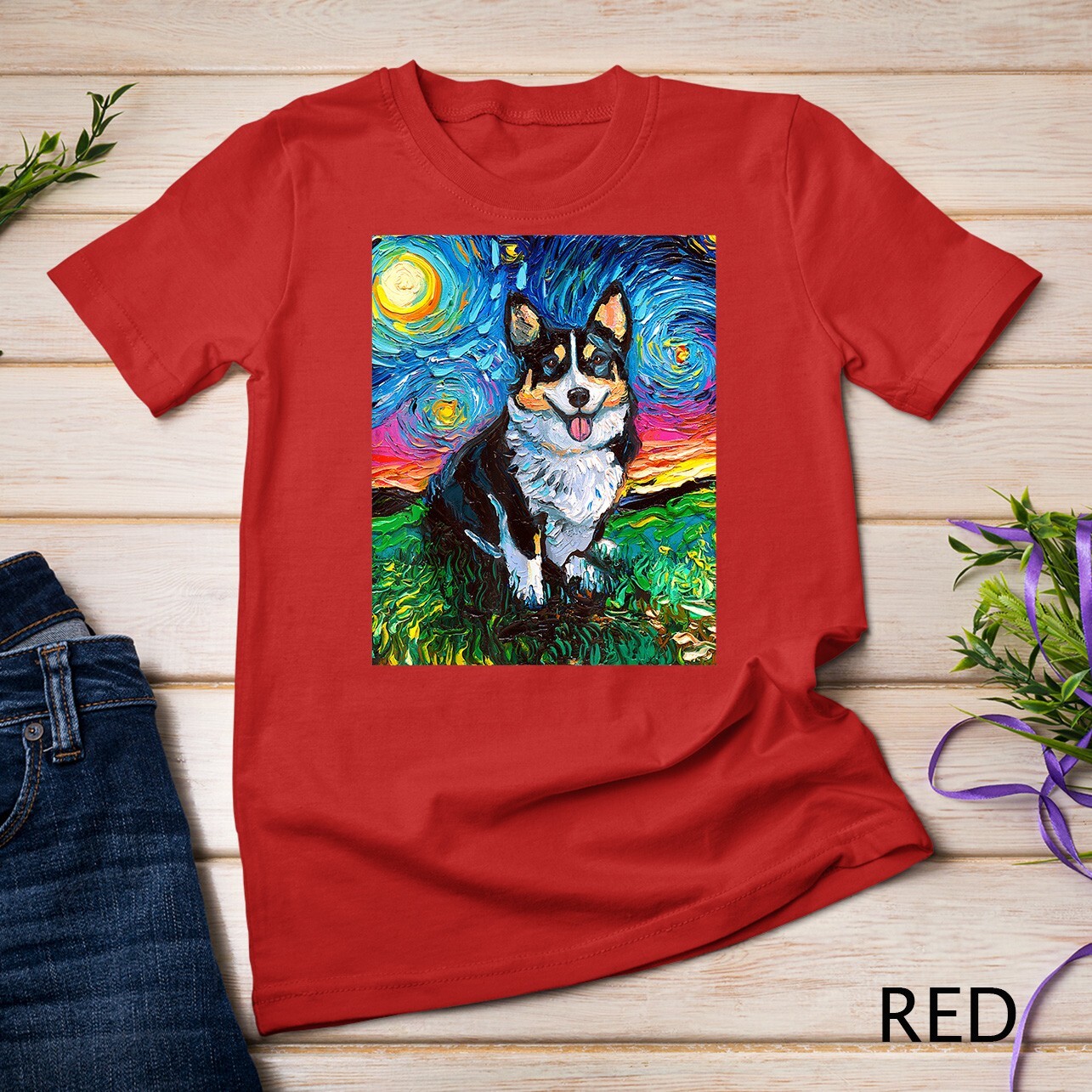 Tri Color Pembroke Welsh Corgi Starry Night Dog Art Unisex T-shirt