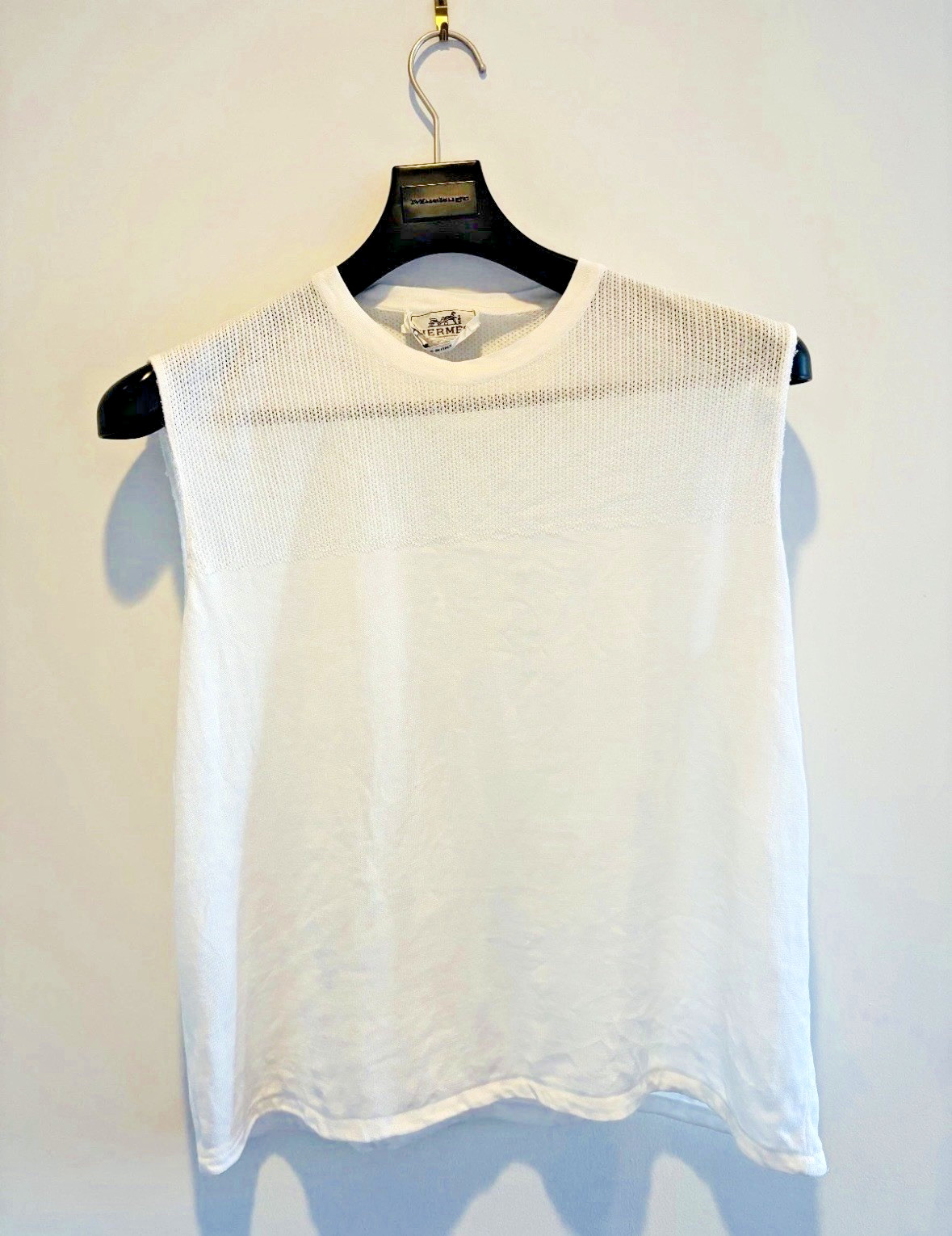 Hermès Tank Top White Mesh Panel Sleeveless Knit Size 6 Vintage 1990s Made Italy