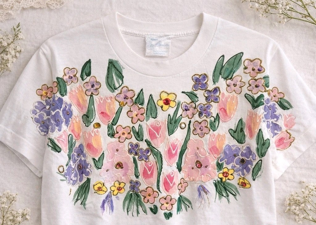 Hand Painted Floral T Shirt Single Stitch Vtg USA Rhinestone Art Tee OSFA M/L
