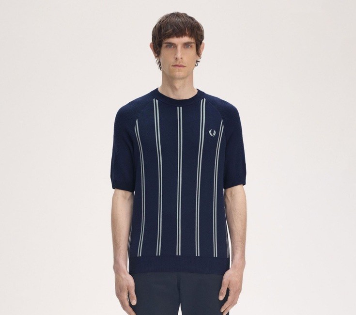 Fred Perry Stripe Knitted Tee in a Tennis Blue Size M