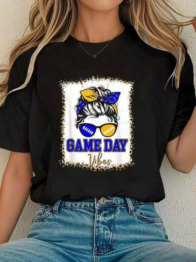 Women Cotton Tshirt Blue Gold Game Day Vibes Football Women Leopard Print T-Shir