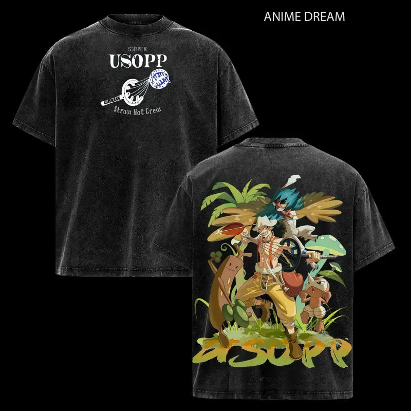 Usopp OP x PKM Anime Double Printed Vintage Tee Manga Heavyweight Cotton T-Shirt