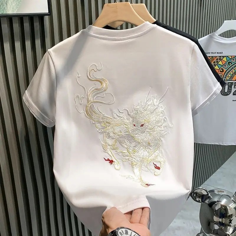 Men’s Mythical Dragon Kirin Embroidery Short Sleeve Casual Summer T-Shirt