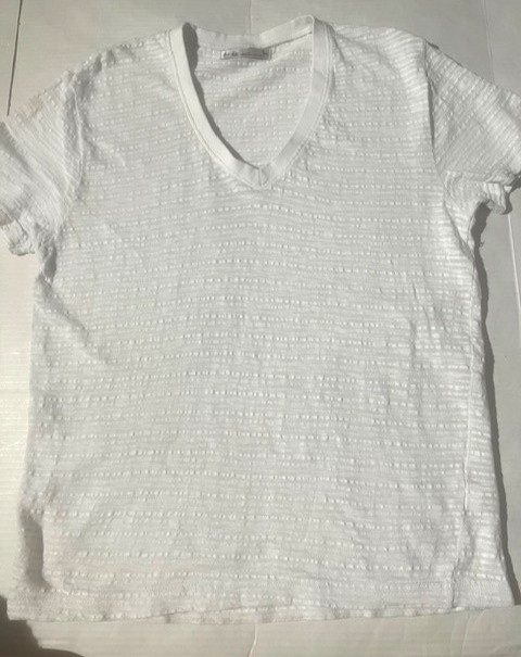 New ANDREW VELASCO Mens White Cotton Slub Stripe V-neck Tee T-shirt sz L XL