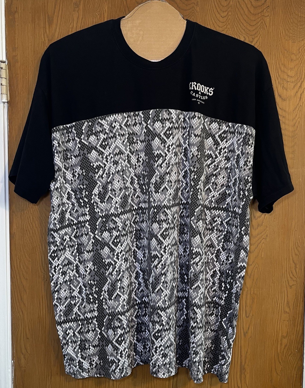 Crooks & Castles Black T-Shirt Digital Snake Print 3XL Logo Cotton Crew Neck