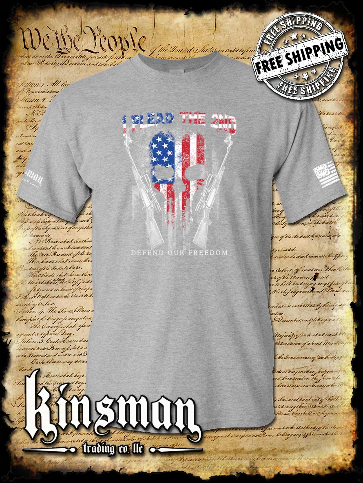 I Plead The 2nd Defend Our Freedom T-Shirt – 2A USA Flag Skull & Rifles Hunting